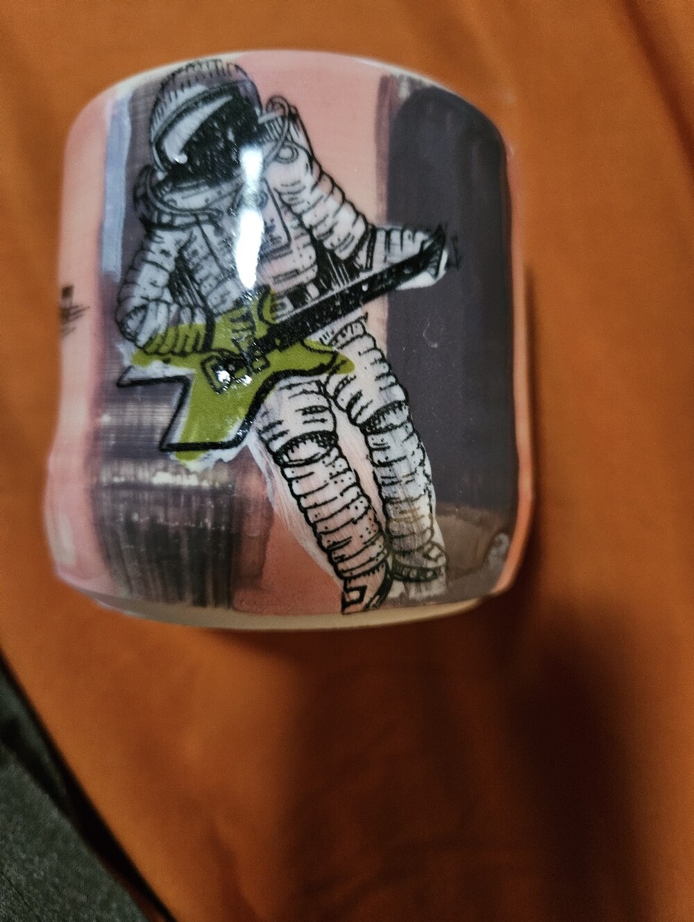 Handmade Astronaut Guitar Ceramic Art Mug in Pink and Green